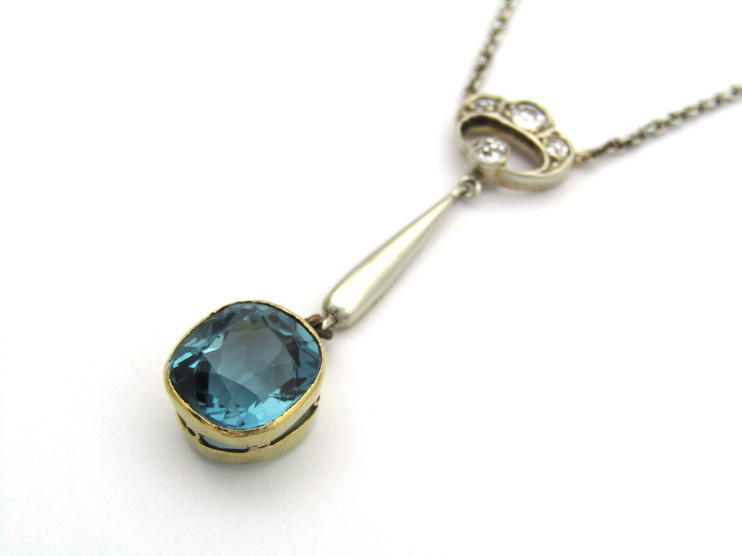 15K gold Edwardian Blue-Green tourmaline and diamond lavaliere necklace, circa 1905.