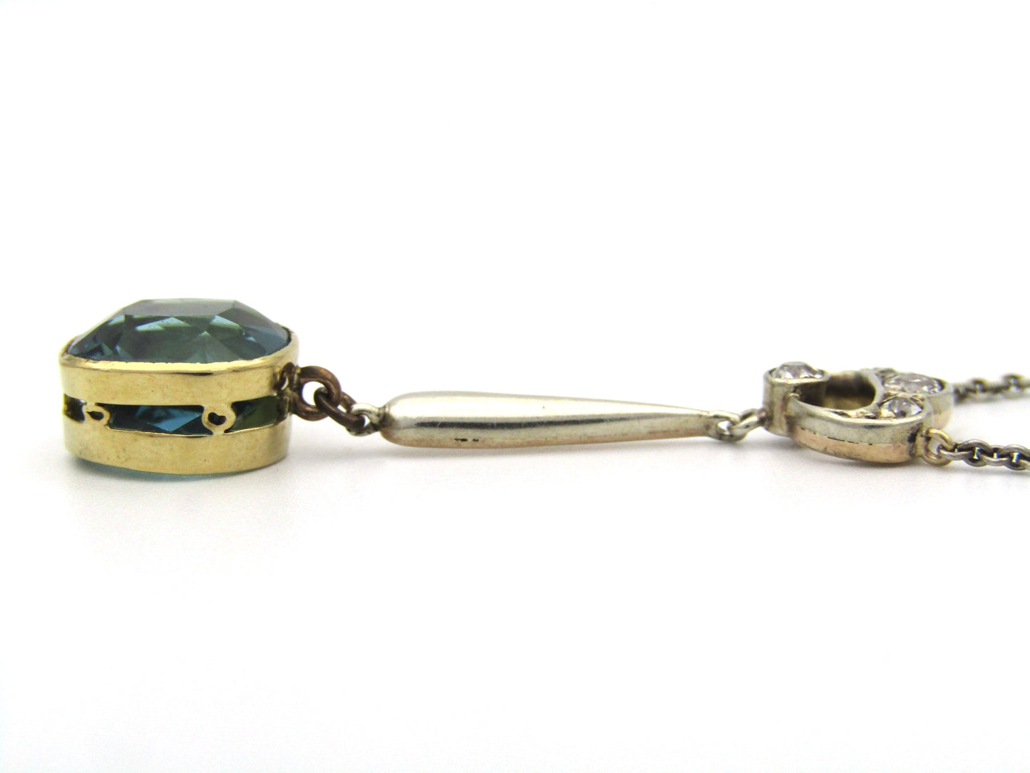15K gold Edwardian Blue-Green tourmaline and diamond lavaliere necklace, circa 1905.