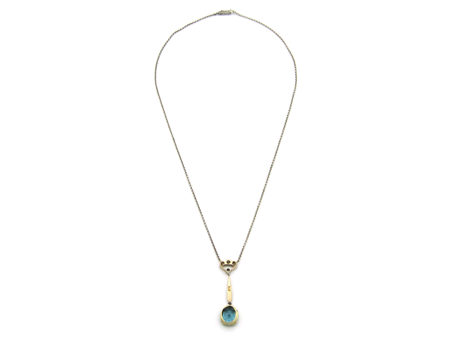 15K gold Edwardian Blue-Green tourmaline and diamond lavaliere necklace, circa 1905.