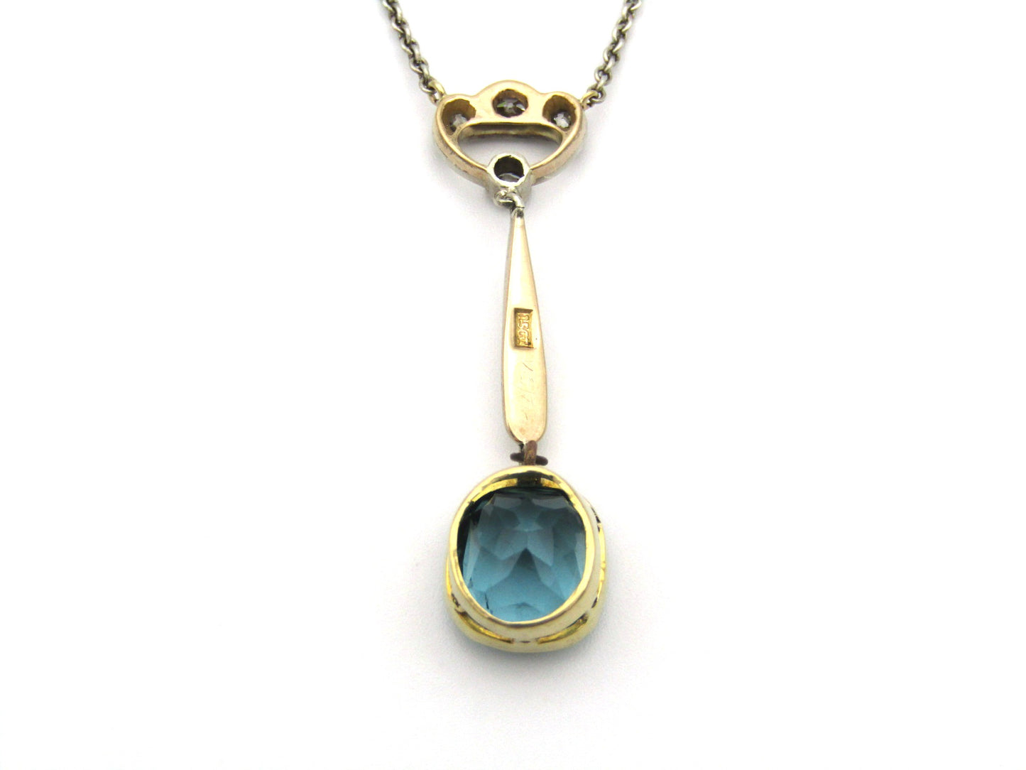 15K gold Edwardian Blue-Green tourmaline and diamond lavaliere necklace, circa 1905.