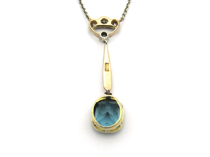15K gold Edwardian Blue-Green tourmaline and diamond lavaliere necklace, circa 1905.