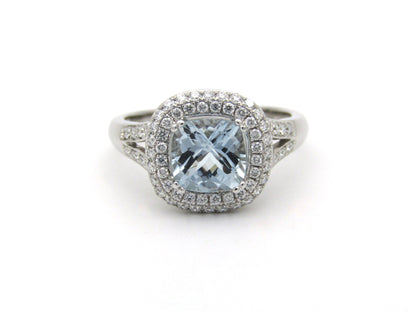 14K gold aquamarine and diamond double halo ring by Browns.