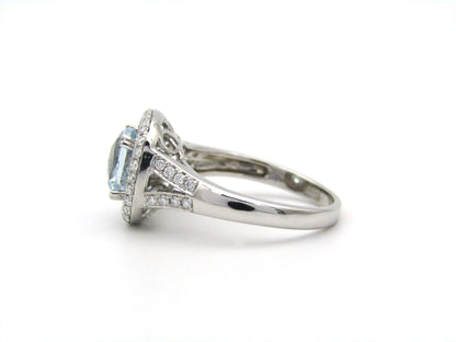 14K gold aquamarine and diamond double halo ring by Browns.