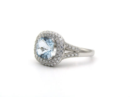 14K gold aquamarine and diamond double halo ring by Browns.