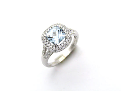 14K gold aquamarine and diamond double halo ring by Browns.