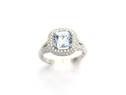14K gold aquamarine and diamond double halo ring by Browns.