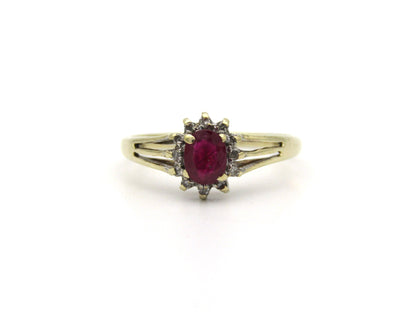 9K gold Vintage ruby and diamond halo ring, Birmingham, 2004.