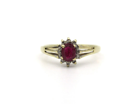 9K gold Vintage ruby and diamond halo ring, Birmingham, 2004.