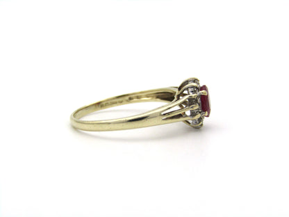 9K gold Vintage ruby and diamond halo ring, Birmingham, 2004.