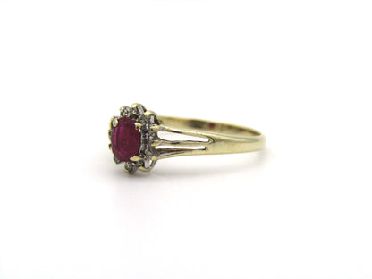 9K gold Vintage ruby and diamond halo ring, Birmingham, 2004.