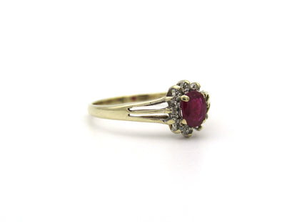9K gold Vintage ruby and diamond halo ring, Birmingham, 2004.