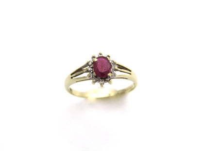 9K gold Vintage ruby and diamond halo ring, Birmingham, 2004.