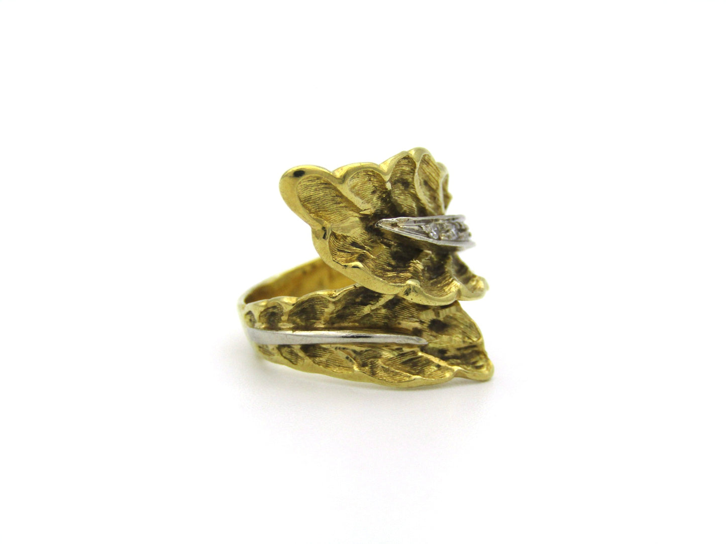 18K gold Retro diamond leaf-wrap ring, circa 1950's.
