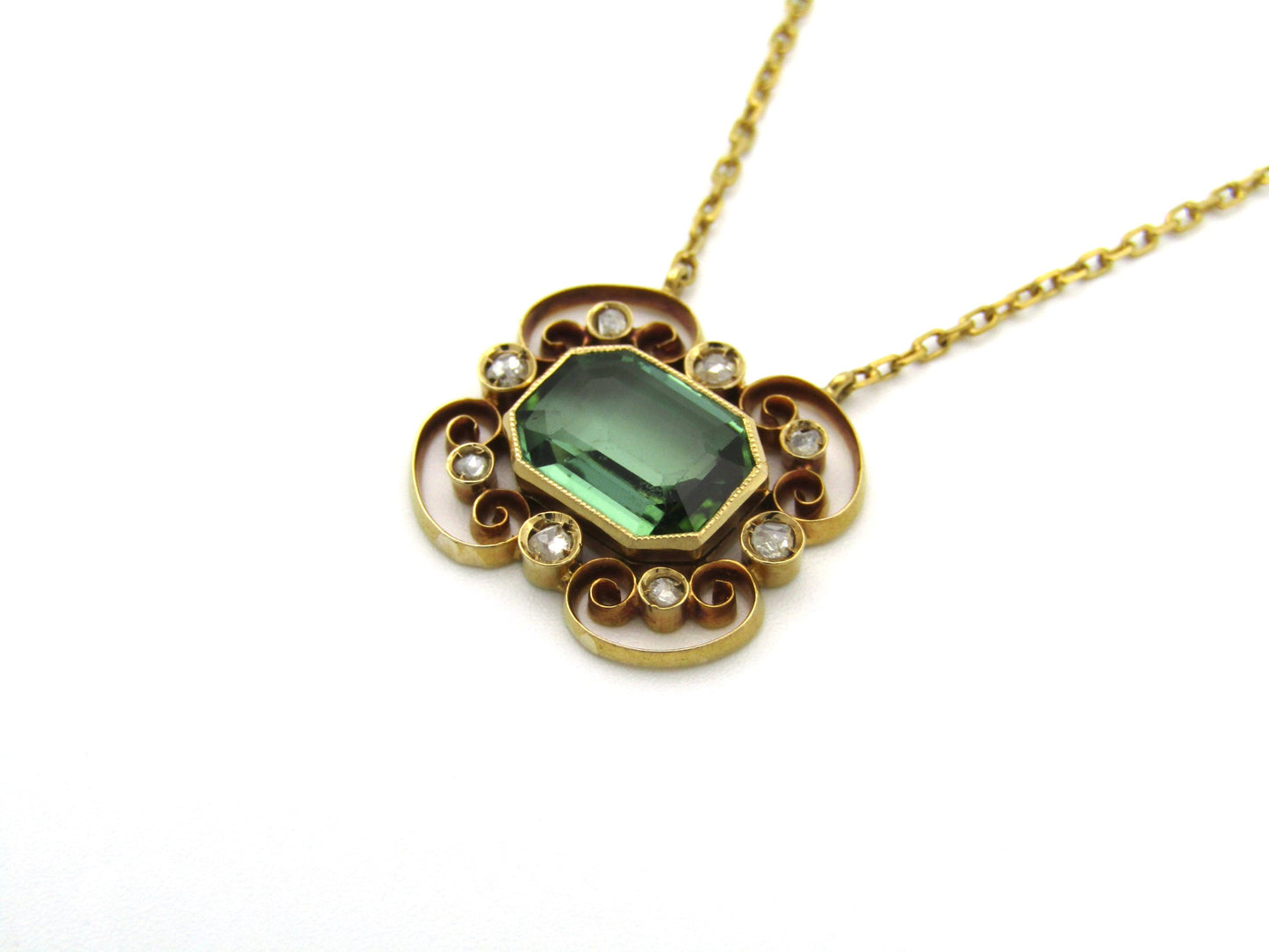 18K gold Edwardian tourmaline and diamond necklace, circa 1900.