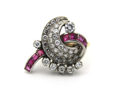 18K gold late Art Deco Burmese ruby and diamond cocktail ring, circa 1930's.