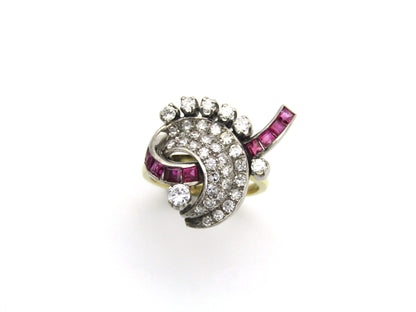 18K gold late Art Deco Burmese ruby and diamond cocktail ring, circa 1930's.