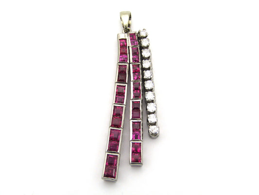 18K gold Art Deco Burmese ruby and diamond articulate pendant, circa 1920's.