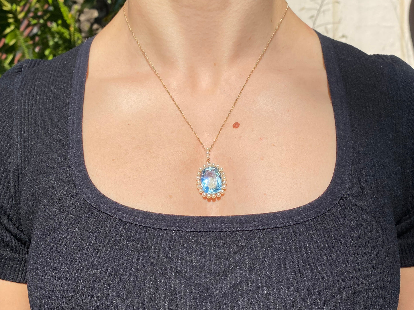 14K gold Victorian aquamarine and seed pearl pendant, circa 1880.