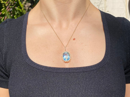 14K gold Victorian aquamarine and seed pearl pendant, circa 1880.