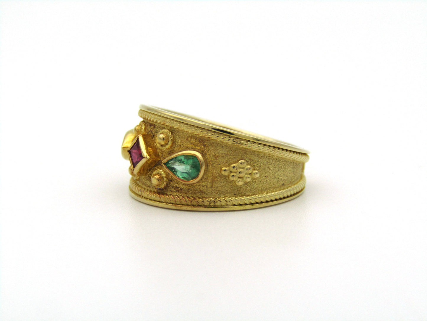 14K gold ruby and emerald ring.