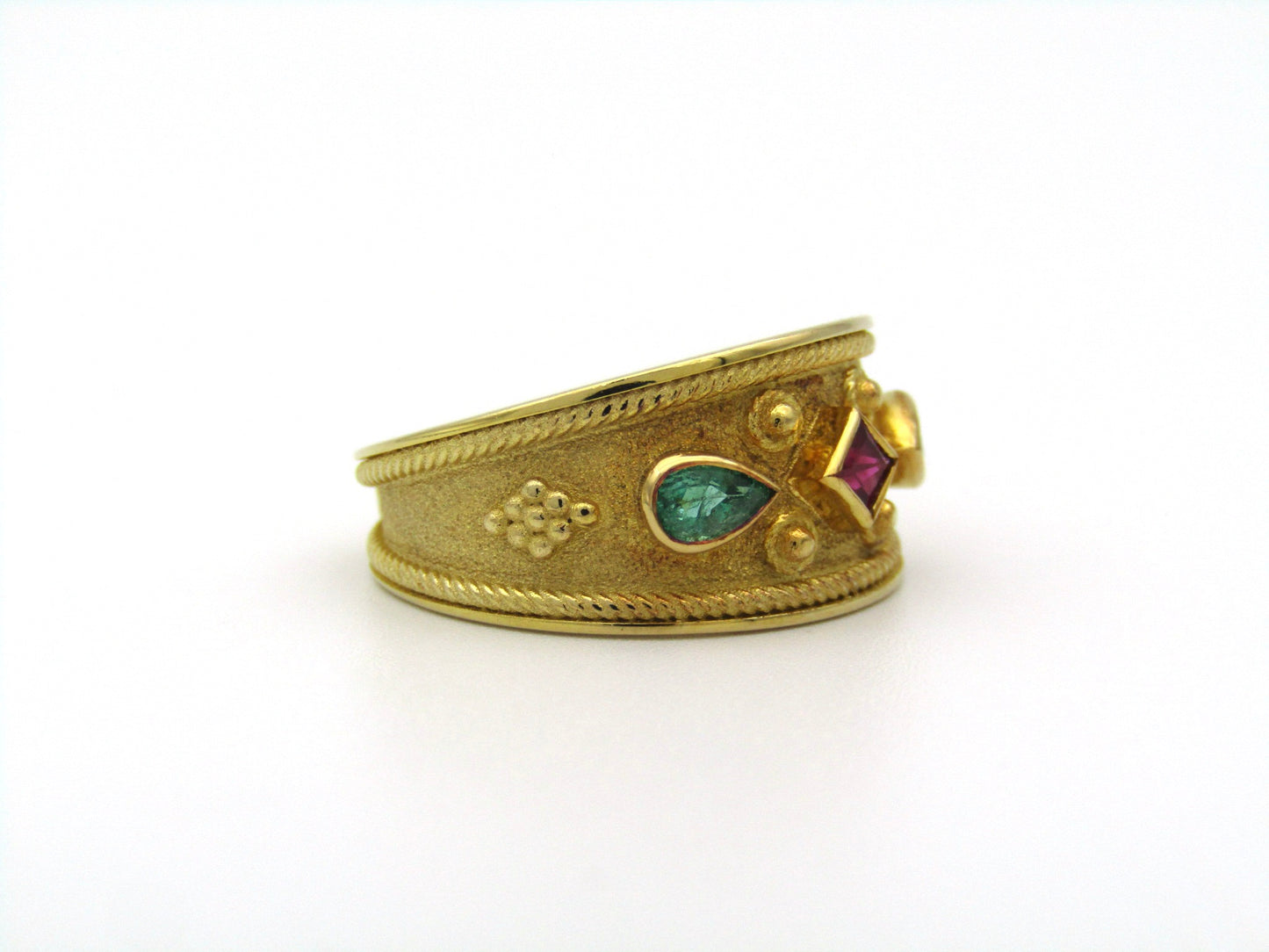 14K gold ruby and emerald ring.