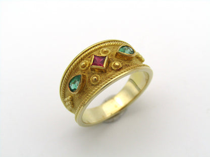 14K gold ruby and emerald ring.