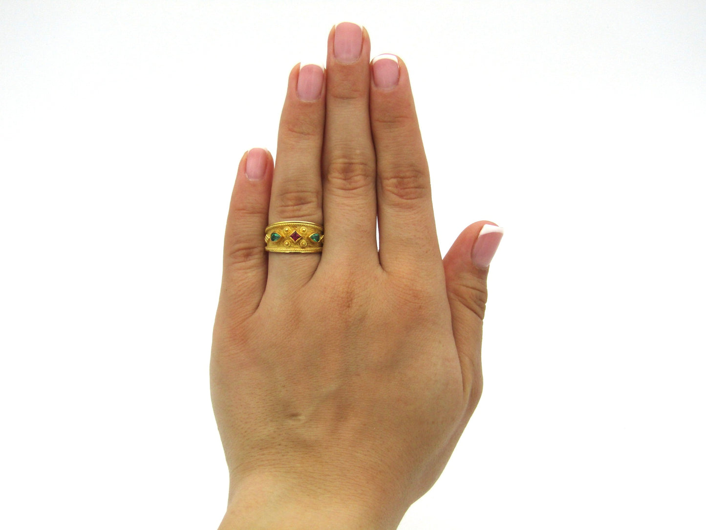 14K gold ruby and emerald ring.