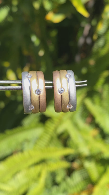18K tri-colour gold diamond huggie earrings, circa 1970's.