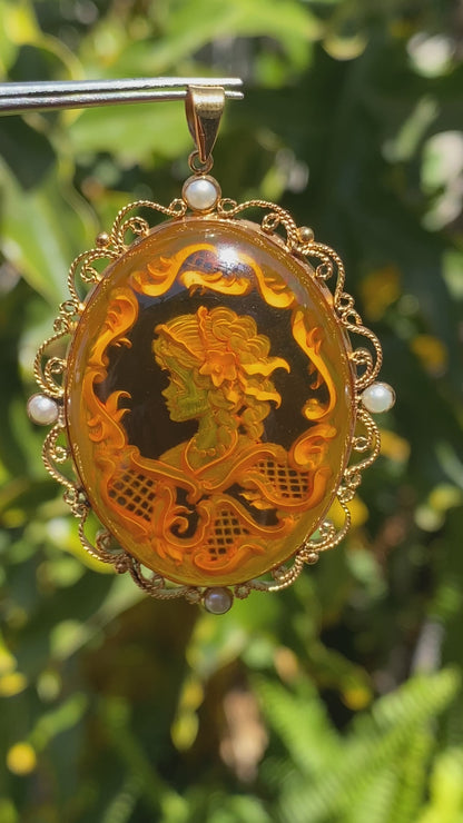 9K gold amber and cultured akoya pearl filigree pendant.