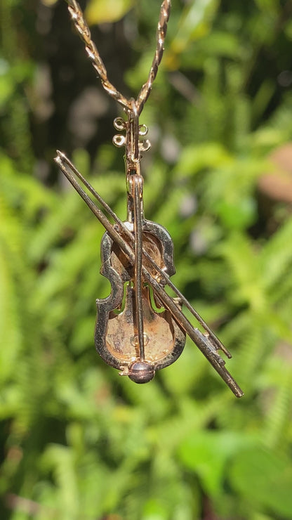 9K gold diamond and sapphire  violin brooch/ pendant, Birmingham, 1991.