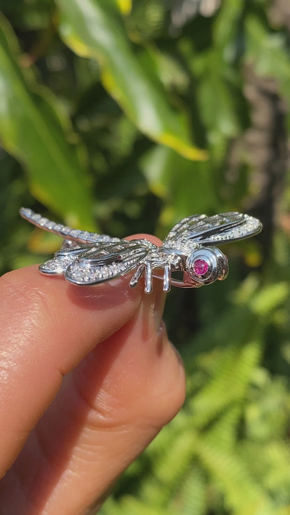 14K gold ruby and diamond dragonfly brooch, circa 1940's.