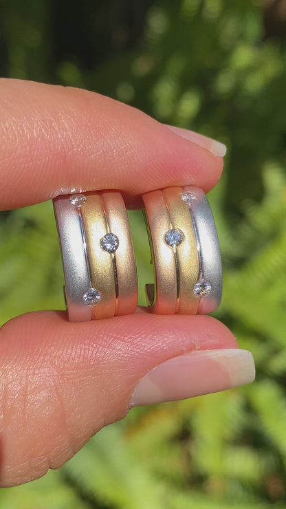 18K tri-colour gold diamond huggie earrings, circa 1970's.