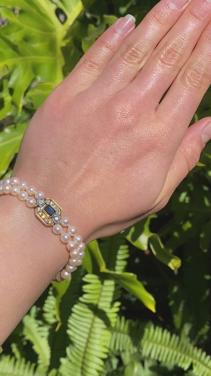 18K gold sapphire and diamond double strand Akoya cultured pearl bracelet, circa 1970's.