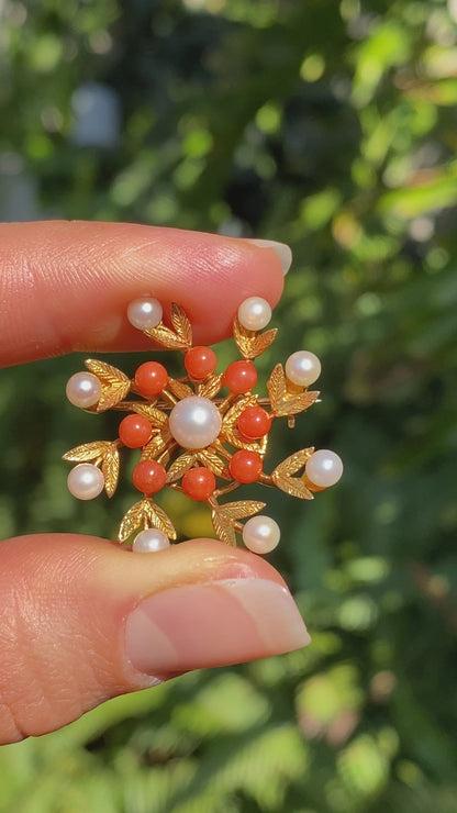 9K gold pearl and coral brooch, London 1964, by H&T.