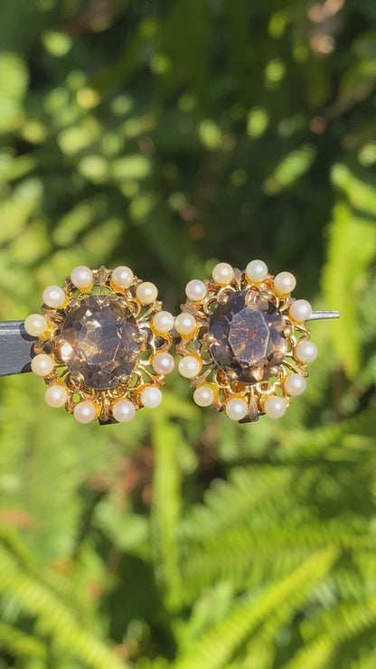 9K gold smoky quartz and pearl clip-on earrings, circa 1950's.