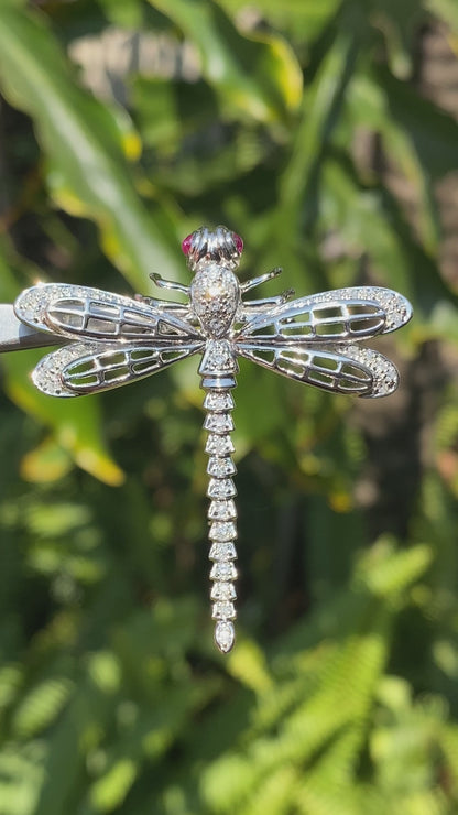 14K gold ruby and diamond dragonfly brooch, circa 1940's.