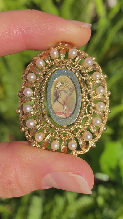 14K gold seed pearl hand painted miniature pendant, circa 1900.