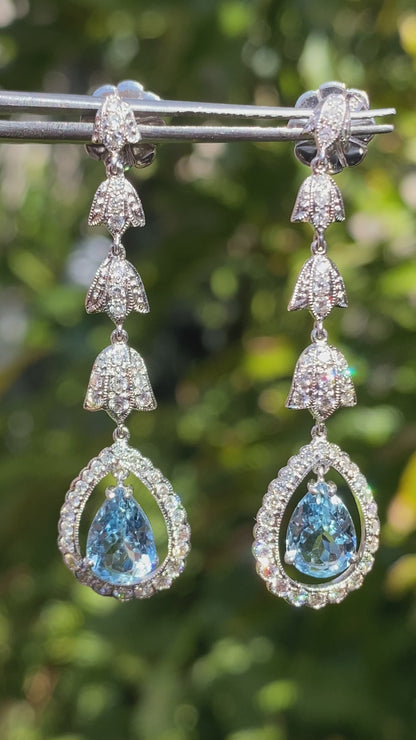 18K gold aquamarine and diamond drop earrings.