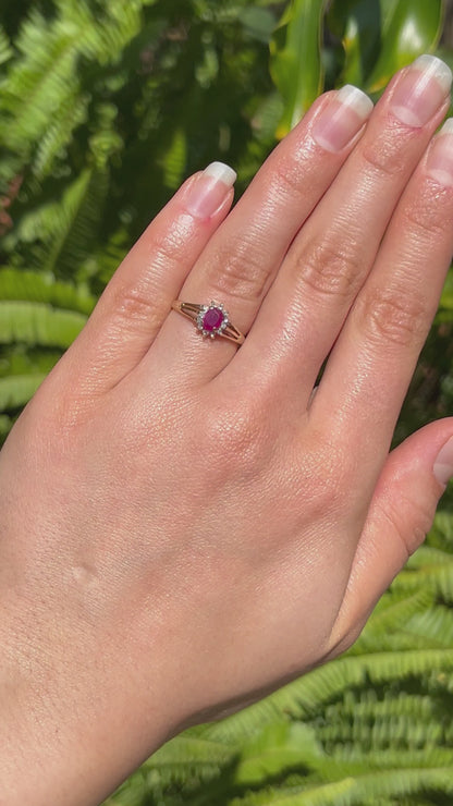 9K gold Vintage ruby and diamond halo ring, Birmingham, 2004.