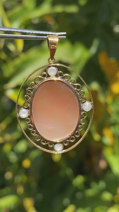 9K gold conch shell cameo and cultured akoya pearl pendant.
