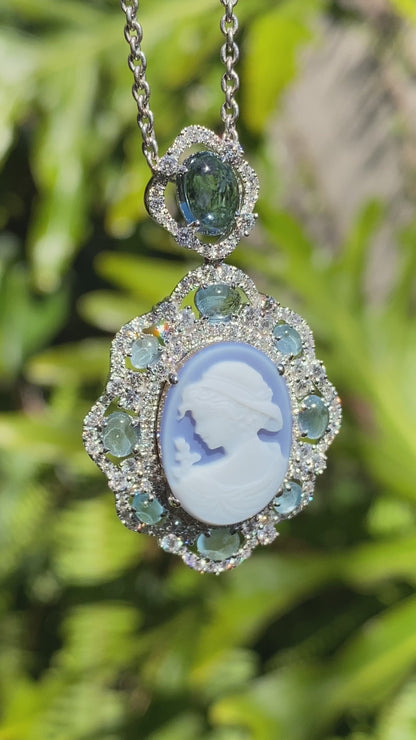 18K gold agate cameo, blue topaz and diamond pendant.