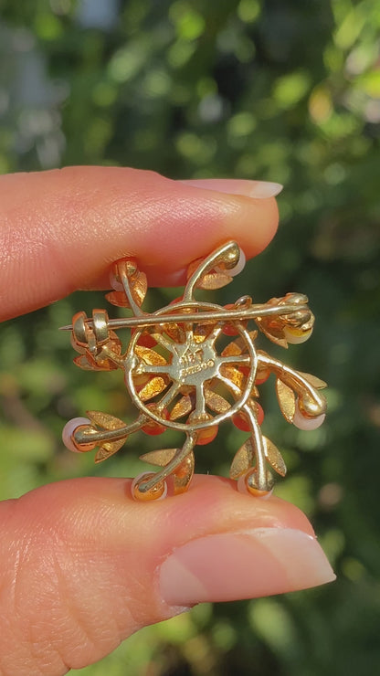 9K gold pearl and coral brooch, London 1964, by H&T.
