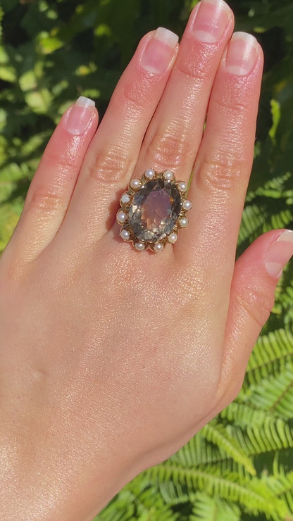 9K gold smoky quartz and pearl ring by Zeeta, circa 1950's.