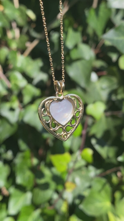 9K gold pink mabe pearl filigree heart pendant.