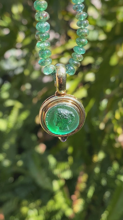 9K gold cameo glass and amethyst enhancer with emerald bead necklace.