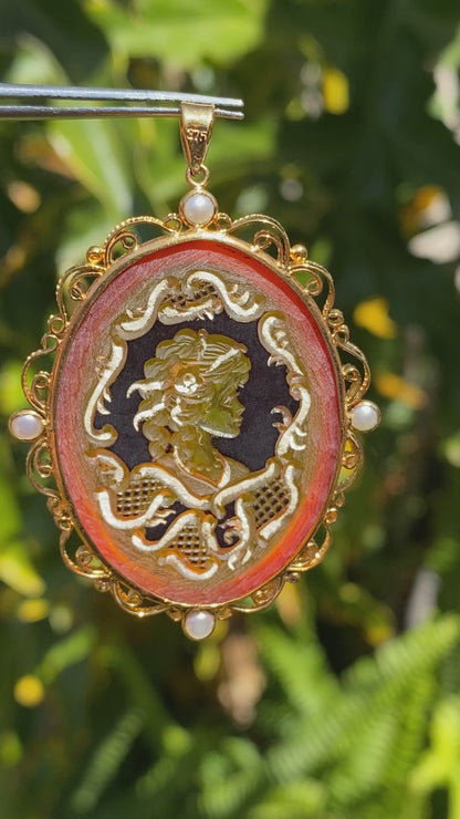 9K gold amber and cultured akoya pearl filigree pendant.