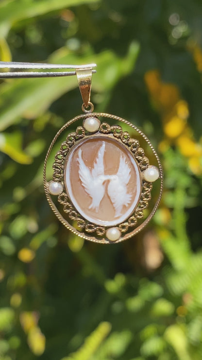 9K gold conch shell cameo and cultured akoya pearl pendant.