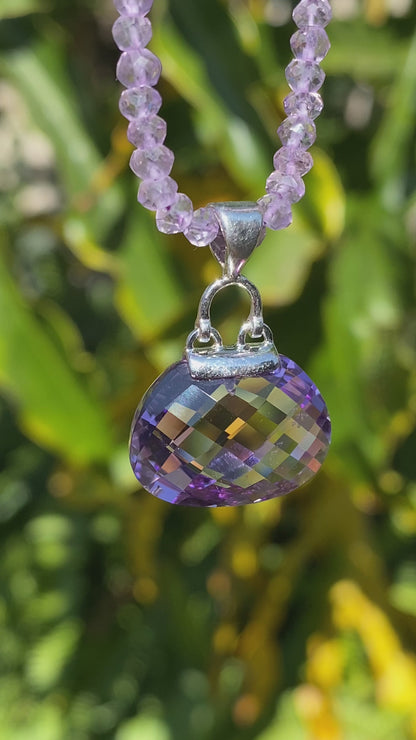 9K gold amethyst handbag pendant with 9K gold amethyst bead necklace.