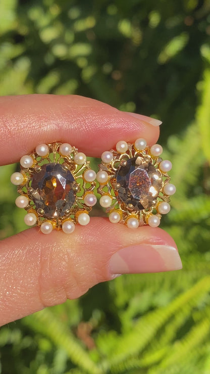 9K gold smoky quartz and pearl clip-on earrings, circa 1950's.