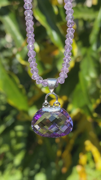 9K gold amethyst handbag pendant with 9K gold amethyst bead necklace.
